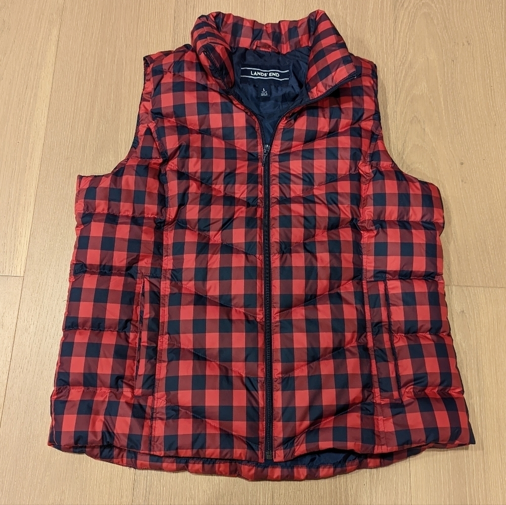 Lands' End Red and Navy Buffalo Plaid Puffer Vest